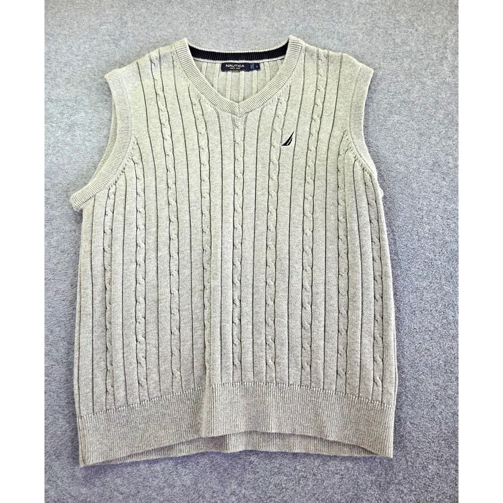 Nautica Men's L Gray Chunk Cable Knit  Preppy Grandpacore Gray Vintage